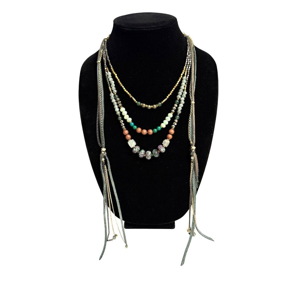 Nakamol Multilayered Beaded Necklace Semi-Precious Stones Gold Accents Tassels